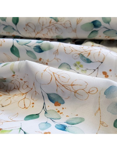 Tissu, Viscose Imprimée Petit Feuillage, Blanc, Laize 140 cm, 100% Viscose 154g/m²