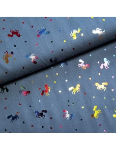Tissu, Chambray Cœurs et Licornes Pailletées, Bleu Clair, Laize 145 cm, 100% Coton 120g/m²