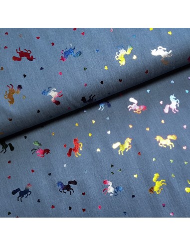 Tissu, Chambray Cœurs et Licornes Pailletées, Bleu Clair, Laize 145 cm, 100% Coton 120g/m²
