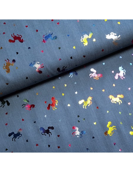 Tissu, Chambray Cœurs et Licornes Pailletées, Bleu Clair, Laize 145 cm, 100% Coton 120g/m²