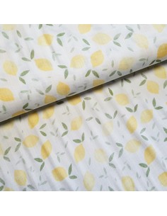 Tissu, Double Gaze Imprimée Citrons, Jaune Citron, Laize 135 cm, 100% Coton 120g/m²