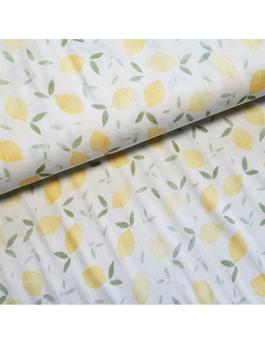 Tissu, Double Gaze Imprimée Citrons, Jaune Citron, Laize 135 cm, 100% Coton 120g/m²