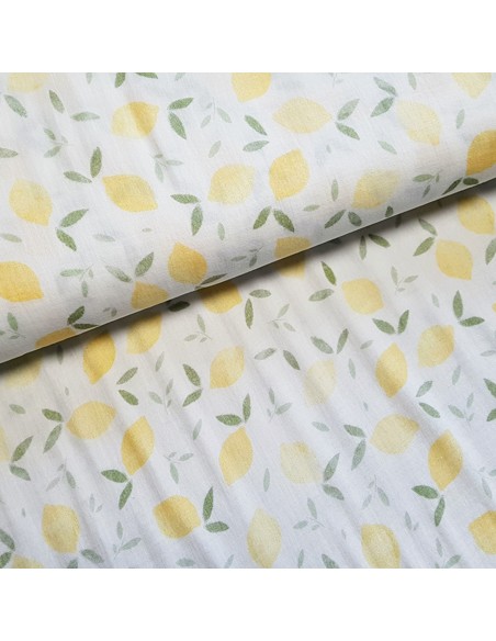 Tissu, Double Gaze Imprimée Citrons, Jaune Citron, Laize 135 cm, 100% Coton 120g/m²