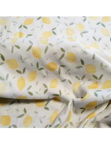 Tissu, Double Gaze Imprimée Citrons, Jaune Citron, Laize 135 cm, 100% Coton 120g/m²