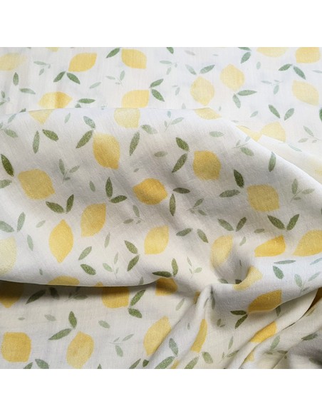 Tissu, Double Gaze Imprimée Citrons, Jaune Citron, Laize 135 cm, 100% Coton 120g/m²