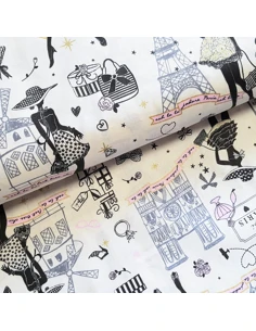 Tissu, Cretonne de Coton, Imprimé Parisien avec Lurex, Laize 150 cm, 100% Coton 120g/m²