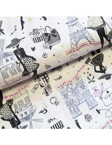 Tissu, Cretonne de Coton, Imprimé Parisien avec Lurex, Laize 150 cm, 100% Coton 120g/m²