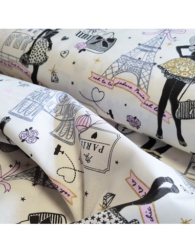 Tissu, Cretonne de Coton, Imprimé Parisien avec Lurex, Laize 150 cm, 100% Coton 120g/m²