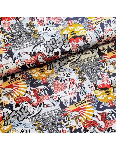 Tissu, Cretonne de Coton Manga, Imprimé Multicolore, Laize 150 cm, 100% Coton 120g/m²