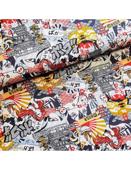 Tissu, Cretonne de Coton Manga, Imprimé Multicolore, Laize 150 cm, 100% Coton 120g/m²
