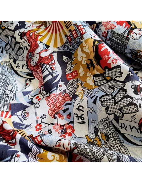 Tissu, Cretonne de Coton Manga, Imprimé Multicolore, Laize 150 cm, 100% Coton 120g/m²