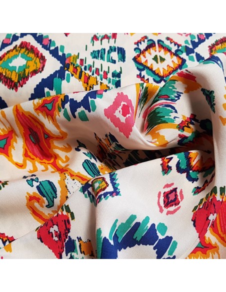 Tissu, Viscose Imprimée Rétro, Écru Multicolore, Laize 145 cm, 100% Viscose 158g/m²