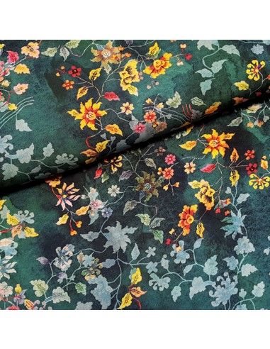Tissu, Viscose Imprimée Fleuri, Vert Émeraude, Laize 145 cm, 100% Viscose 152g/m²
