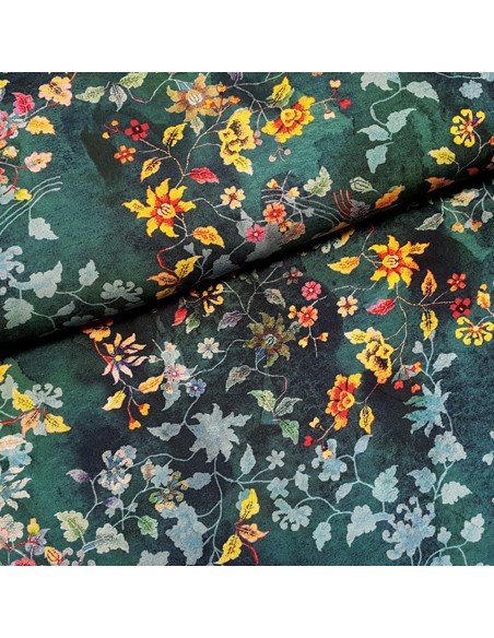 Tissu, Viscose Imprimée Fleuri, Vert Émeraude, Laize 145 cm, 100% Viscose 152g/m²