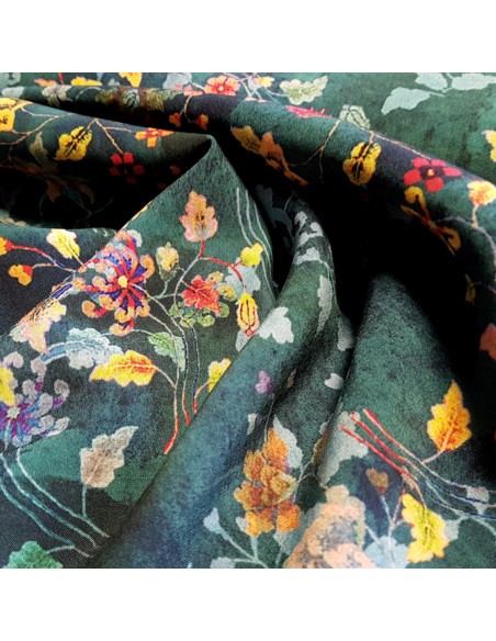 Tissu, Viscose Imprimée Fleuri, Vert Émeraude, Laize 145 cm, 100% Viscose 152g/m²