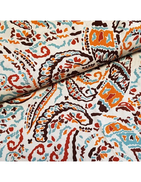 Tissu, Viscose Imprimée Psychédélique, Multicolore sur Écru, Laize 145 cm, 100% Viscose 158g/m²