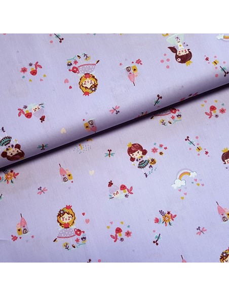 Tissu, Popeline de Coton Princesses, Mauve, Laize 148 cm, 100% Coton 192.4g/ml