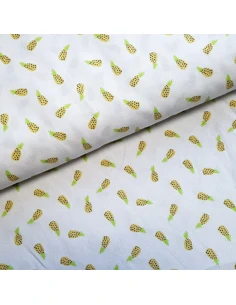 Tissu, Cretonne de Coton, Ananas Jaunes sur Fond Blanc, Laize 150 cm, 100% Coton