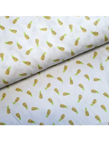 Tissu, Cretonne de Coton, Ananas Jaunes sur Fond Blanc, Laize 150 cm, 100% Coton