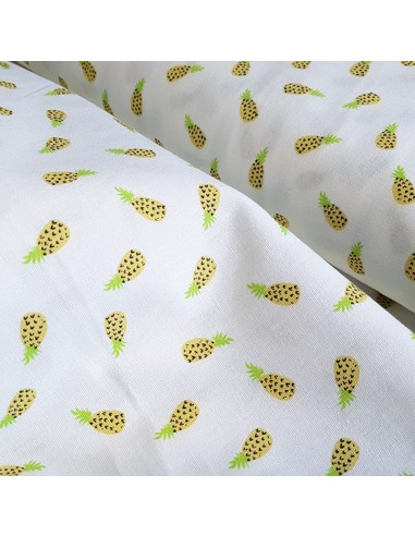 Tissu, Cretonne de Coton, Ananas Jaunes sur Fond Blanc, Laize 150 cm, 100% Coton