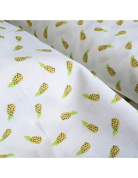 Tissu, Cretonne de Coton, Ananas Jaunes sur Fond Blanc, Laize 150 cm, 100% Coton