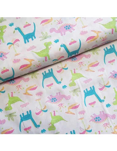 Tissu, Cretonne de Coton, Dinos Rigolos Multicolores, Laize 150 cm, 100% Coton