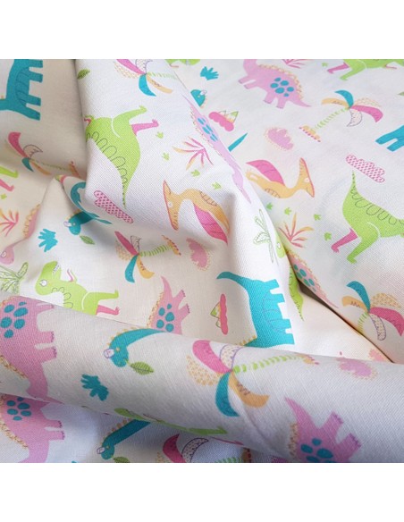 Tissu, Cretonne de Coton, Dinos Rigolos Multicolores, Laize 150 cm, 100% Coton