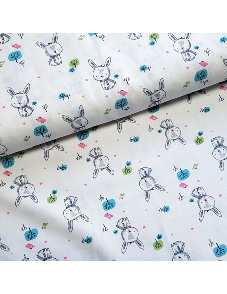 Tissu, Cretonne de Coton Motif Lapins, Laize 150 cm, 100% Coton