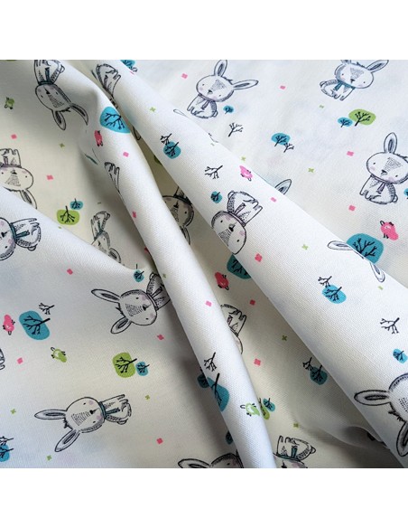 Tissu, Cretonne de Coton Motif Lapins, Laize 150 cm, 100% Coton