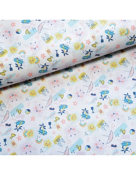 Tissu, Cretonne de Coton, Motifs Plage, Laize 150 cm, 100% Coton