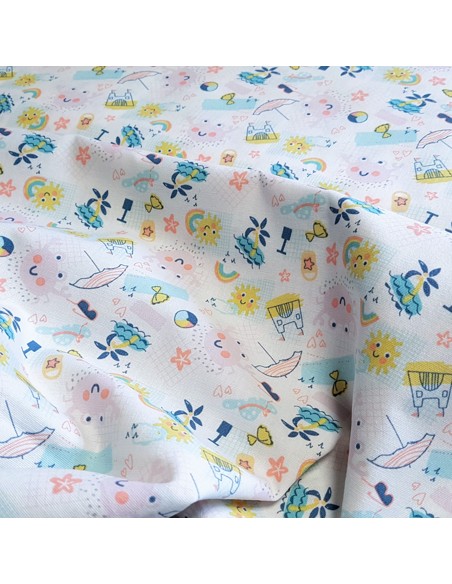Tissu, Cretonne de Coton, Motifs Plage, Laize 150 cm, 100% Coton