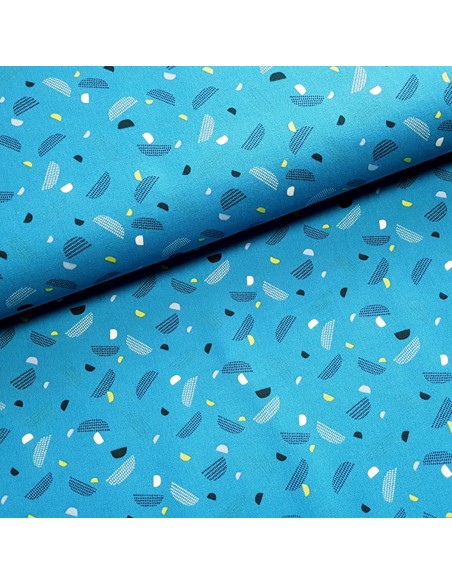 Tissu, Cretonne de Coton Demi-lunes, Bleu Pétrole, Laize 150 cm, 100% Coton 140g/m²