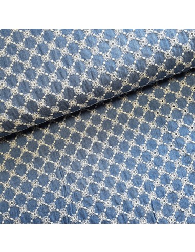 Tissu, Broderie Anglaise, Bleu Jean, Laize 150 cm, 100% Coton 135g/m²
