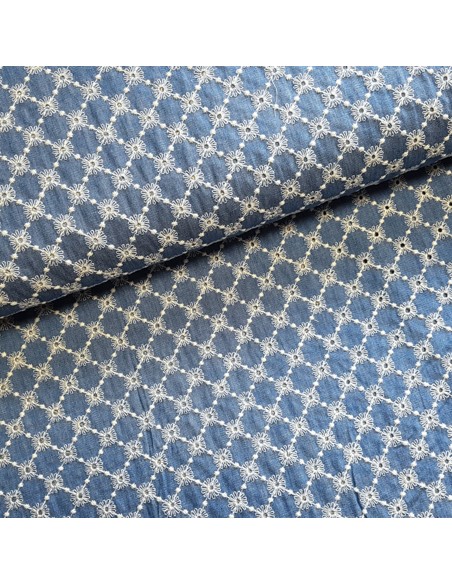 Tissu, Broderie Anglaise, Bleu Jean, Laize 150 cm, 100% Coton 135g/m²