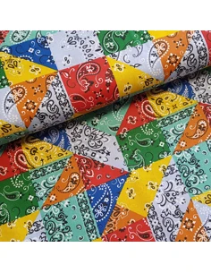 Tissu, Cretonne de Coton, Motifs Bandanas, Multi-couleurs, Laize 150 cm, 100% Coton