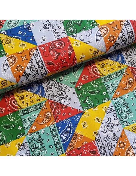 Tissu, Cretonne de Coton, Motifs Bandanas, Multi-couleurs, Laize 150 cm, 100% Coton