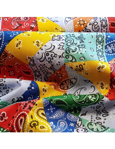 Tissu, Cretonne de Coton, Motifs Bandanas, Multi-couleurs, Laize 150 cm, 100% Coton