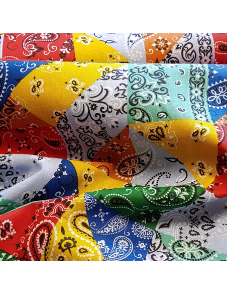 Tissu, Cretonne de Coton, Motifs Bandanas, Multi-couleurs, Laize 150 cm, 100% Coton