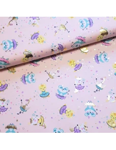 Tissu, Jersey de Coton Imprimé Dancing Party Lurex, Rose Poudré, Laize 150 cm, Coton Stretch Oeko-Tex