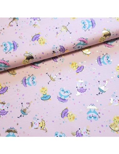 Tissu, Jersey de Coton Imprimé Dancing Party Lurex, Rose Poudré, Laize 150 cm, Coton Stretch Oeko-Tex