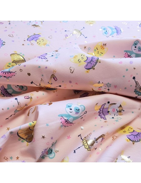 Tissu, Jersey de Coton Imprimé Dancing Party Lurex, Rose Poudré, Laize 150 cm, Coton Stretch Oeko-Tex
