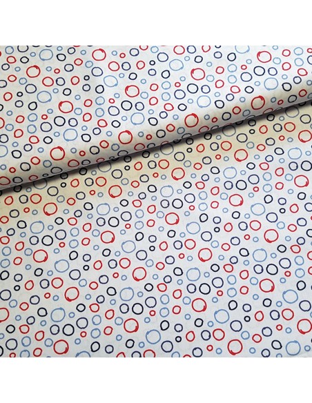 Tissu, Popeline de Coton Cercles, Bleu Blanc Rouge, Laize 150 cm, 100% Coton