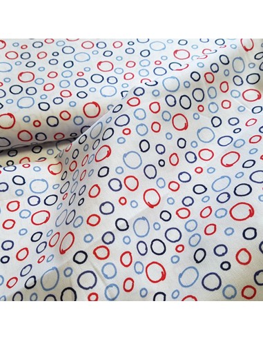 Tissu, Popeline de Coton Cercles, Bleu Blanc Rouge, Laize 150 cm, 100% Coton