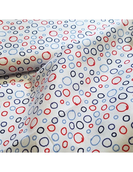 Tissu, Popeline de Coton Cercles, Bleu Blanc Rouge, Laize 150 cm, 100% Coton