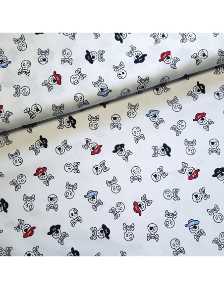 Tissu, Popeline de Coton Crânes de Pirates, Noir et Blanc, Laize 150 cm, 100% Coton