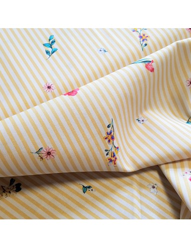 Tissu, Popeline de Coton, Fleurs sur Rayures Jaunes, Laize 148 cm, 100% Coton 109g/m²
