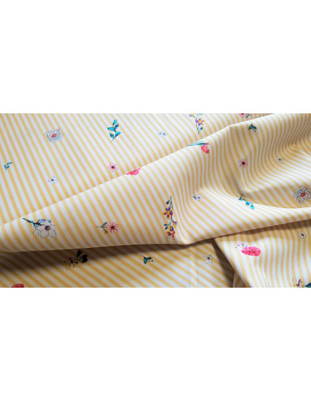 Popeline de coton, impression digitale, fleurs sur rayures