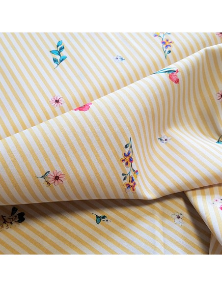 Tissu, Popeline de Coton, Fleurs sur Rayures Jaunes, Laize 148 cm, 100% Coton 109g/m²