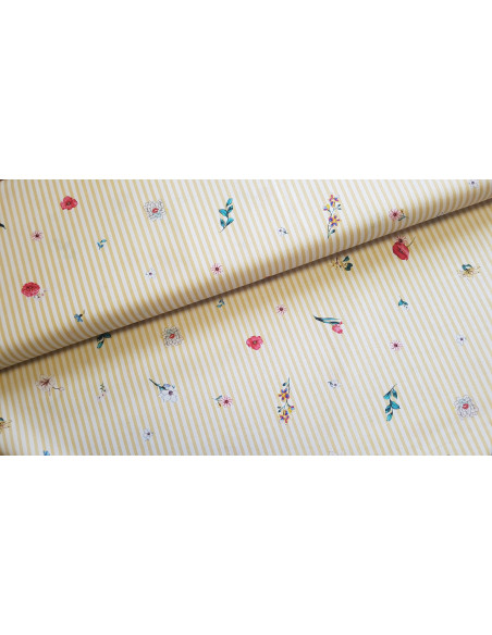 Popeline de coton, impression digitale, fleurs sur rayures