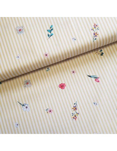 Tissu, Popeline de Coton, Fleurs sur Rayures Jaunes, Laize 148 cm, 100% Coton 109g/m²